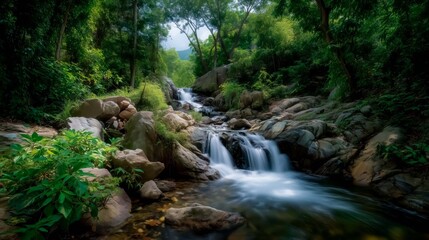 Obraz premium Vibrant Lush Foliage Surrounding Tropical Waterfall Under Soft Daylight With Smooth Flowing Water