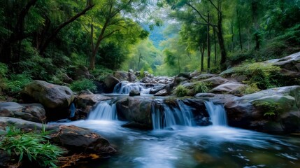Scenic Green Hills With Tropical Waterfall And Long Exposure Silky Water Effect For Nature Background