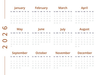 Minimalist English 2026 year calendar template single horizontal page with 12 month. Layout monthly planner week starts on sunday 