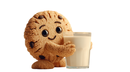 Funny conceptual image of a chocolate cookie holding a glass of milk, personified dessert illustration symbolizing sweetness, humor, and creativity
