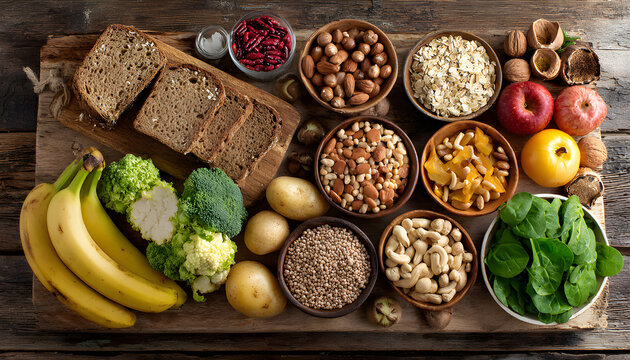 Healthy food. Selection of good carbohydrate sources, high fiber rich food. Low glycemic index diet. Fresh vegetables, fruits, cereals, legumes, nuts, greens