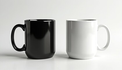 Two blank ceramic mugs, black, white, stand side by side on plain white surface. Simple cup empty, ready for custom design text. Perfect for promotional materials, gifts, personal use.