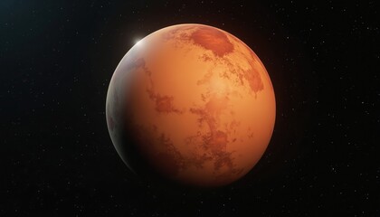 Red planet Mars hovers in deep space among tiny stars. Distant sun gleams on its curved edge. Planetary surface features continents and possible clouds.