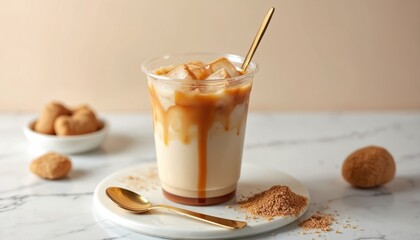Iced brown sugar latte with caramel drizzle served in clear cup. Ice cubes float in milky beverage. Close up of sweet drink with cookies and spoon. Coffee preparation for morning.