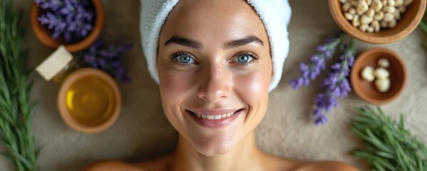 Beautiful young woman wears white towel on head, smiling happily. Surrounded by various natural herbs like lavender, rosemary, essential oils for beauty. Healthy skin looks fresh after relaxing spa