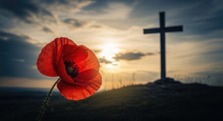 Red poppy flower in front of silhouette cross on hill at sunset, a symbol for remembrance and solemnity, evoking a sense of national day of mourning.