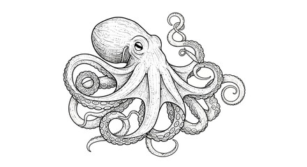 Detailed line art illustration of an octopus with swirling tentacles on a white background © Anisah