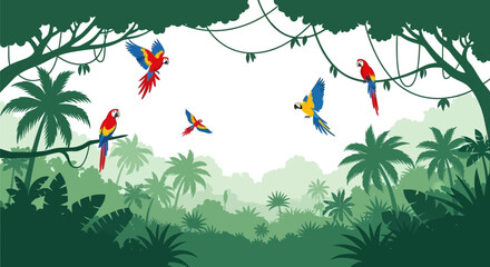 Lush tropical landscape adorned with vibrant macaws in flight and perched on branches in a verdant