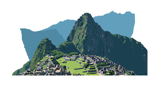 Machu Picchu illustration of an ancient inca citadel nestled amidst mountain peaks