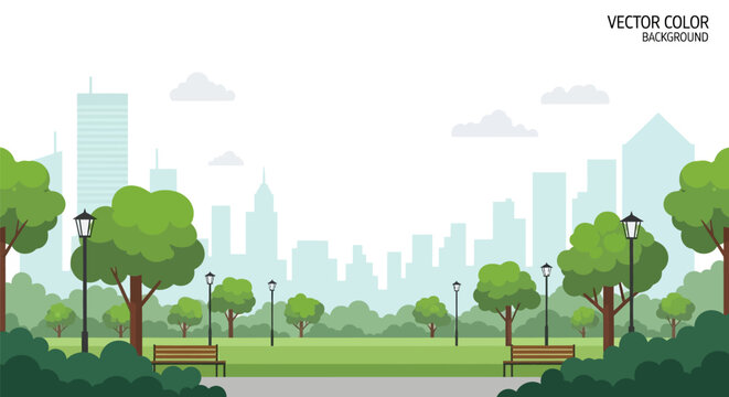 Serene cityscape backdrop featuring park with lush trees and benches for tranquil urban scenes