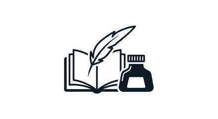 Illustration capturing literary creativity with a quill pen, open book, and ink bottle icon design