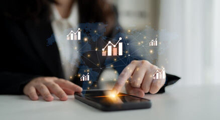 Visualization of global economic growth and stock market data. Financial chart analysis shows international business performance and investment opportunities in the world market. Fermion