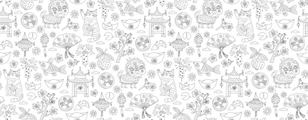 Chinese New Year Doodle Seamless Pattern, Lucky Cat, Dragon, Lanterns and Sakura Vector illustration