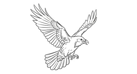 Detailed line art of a crow in flight with outstretched wings against white backdrop