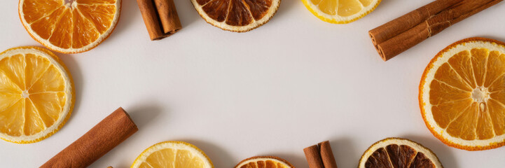Dried citrus fruit and cinnamon sticks arranged in a frame perfect for seasonal food and beverage promotions
