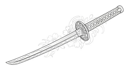 Elegant katana line art illustration with subtle floral accents conveying grace and tradition