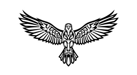 Striking black and white graphic illustration of a soaring eagle with stylized wing feathers