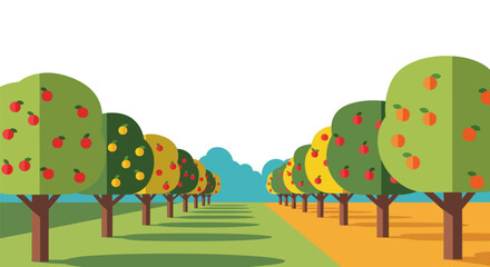 Stylized fruit orchard with colorful trees and bountiful harvests in a geometric design