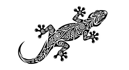 Intricate black and white gecko design, a tribal tattoo styled illustration against a plain