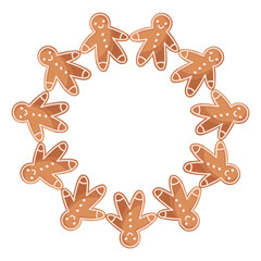 Christmas gingerbread man wreath vector illustration, festive cookie circle frame for holiday design
