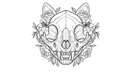 Ethereal feline skull adorned with blooming roses and intricate botanical details  design © Anisah