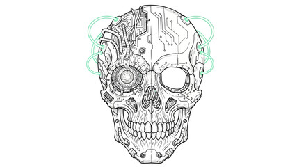 Conceptual artwork showcasing a futuristic skull featuring intricate mechanical and digital
