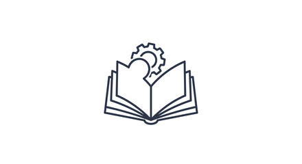 Open book and cogwheel graphic, representing knowledge, learning and mechanisms, engineering