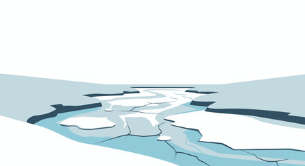 Abstract illustration depicting fractured ice landscape with water channels forming a river system © Anisah
