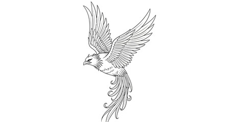 Elegant phoenix illustration featuring intricate line art depicting mythical bird rising