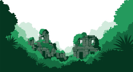 Lush jungle landscape with ancient ruins overgrown with vegetation in tropical scenery