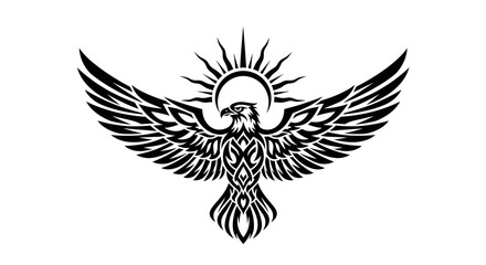 Majestic eagle soars beneath a radiant sun, a symbol of freedom and strength in bold black and