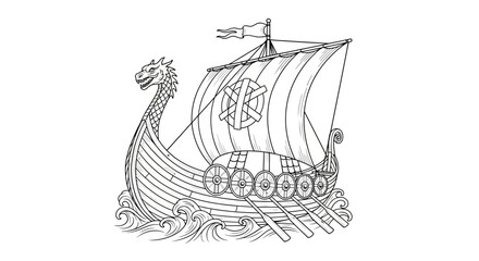 Detailed Line Art Illustration of a Viking Longship with Dragon Head and Shield Row on Water