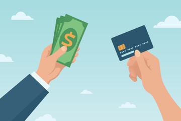 Cash vs Credit Card Payment, Vector Illustration. Hand Holding Dollar Bills and Hand with Bank Card. Flat Cartoon Business Finance Concept for Money Exchange, Online Payment, Shopping, Banking Design