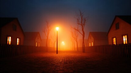 A foggy street scene at dusk features dimly lit houses and a glowing streetlamp surrounded by barren trees, creating an eerie atmosphere.