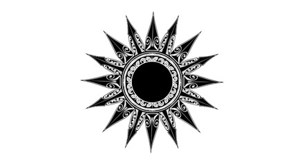 Detailed Polynesian inspired tribal sun tattoo design in black and white on a plain background
