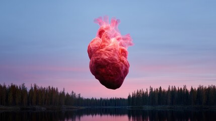 A surreal depiction of a floating heart above a tranquil lake, surrounded by a forest at sunset, evoking emotions and the connection between nature and humanity.