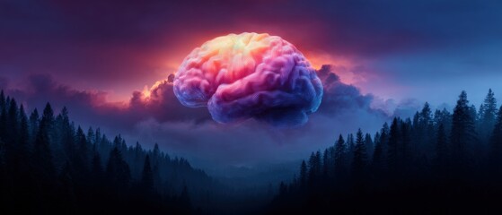 A surreal landscape featuring a vibrant brain suspended above a dense forest, illuminated by a colorful sunset.