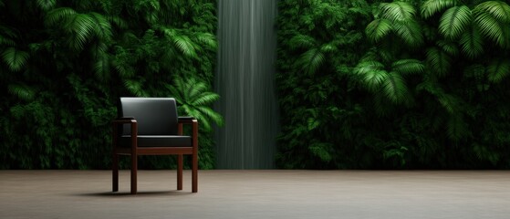 A sleek black chair sits against a lush green wall, creating a serene atmosphere with a cascading waterfall in the background.
