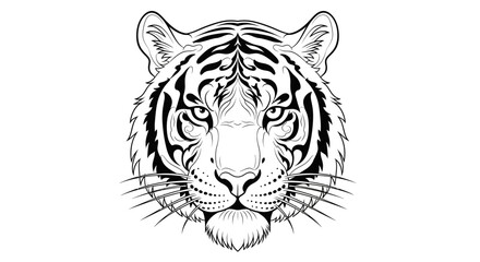 Intricate detailed monochrome illustration of a tiger face with tribal patterns and clean lines