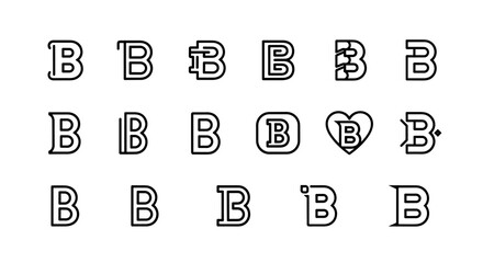 A collection of 18 unique and stylized letter B designs, presented in a clean, minimalist white outline on a black background, showcasing diverse typographic treatments and artistic interpretations