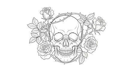 Intricate line art depiction of a skull entwined with blooming roses and thorny branches