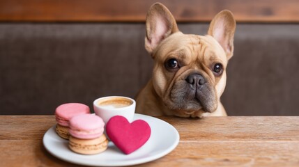 A French Bulldog curiously watches a plate of macarons and a heart-shaped treat beside a cup of coffee on a wooden table.
