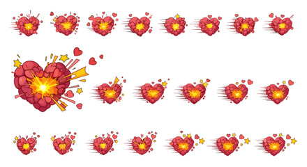 Exploding Hearts Animation Frames: A Dynamic Collection of Fiery Red Heart Icons with Bursting Stars and Speed Lines, Perfect for Romantic, Passionate, or Energetic Visual Projects, Ideal for Game