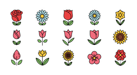 A vibrant collection of stylized, flat design floral icons, featuring a variety of colorful flowers like roses, tulips, daisies, sunflowers, and daffodils, set against a stark black background