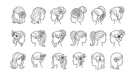 Collection of elegant female hairstyles in profile silhouette, featuring intricate updos, flowing waves, and chic ponytails adorned with delicate floral accents, perfect for bridal or formal