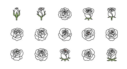 Collection of stylized rose illustrations showcasing different stages of bloom, from tight buds to fully opened flowers, presented on a black background with a subtle glitter effect, perfect for