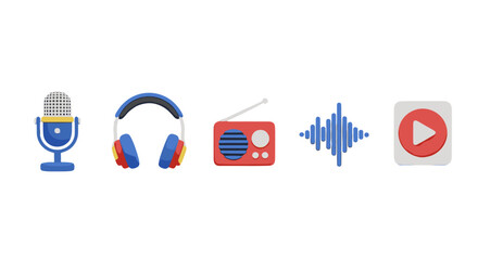 A vibrant collection of 3D icons representing audio and media playback, including a retro microphone, colorful headphones, a vintage radio, a sound wave visualization, and a play button, all set