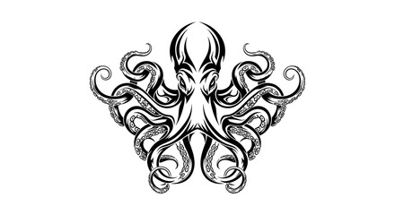 Monochromatic depiction of an octopus with stylized swirling tentacles reaching outward gracefully © Anisah