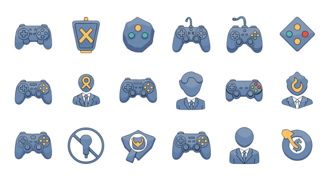 Collection of video game icons and symbols, including game controllers, avatars, and gaming-related emblems, presented in a vibrant blue and yellow color palette on a black background, perfect for