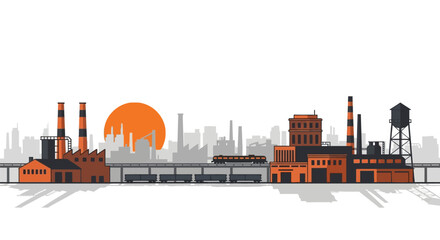 Obraz premium Industrial landscape with factories, train and sunset in minimalist style illustration